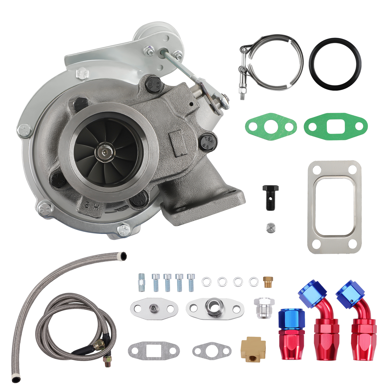 Turbocharger T3 T04E A/R .63 400HP Universal Turbine+Oil Drain Return Feed Lines