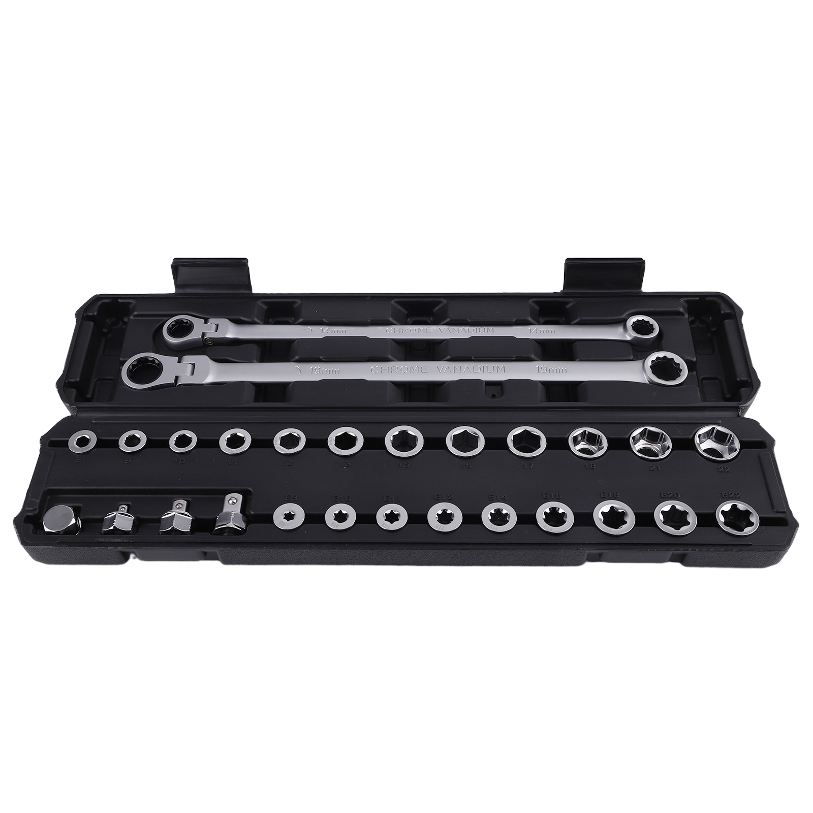 27Pcs Extra Long Flex Head Ratcheting Wrench Set 8-22mm Socket 14 19mm